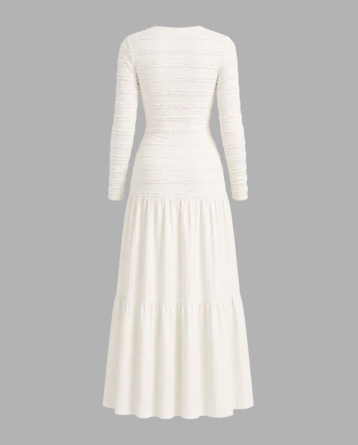 Textured Square Neck Long Sleeve Tiered Maxi Dress