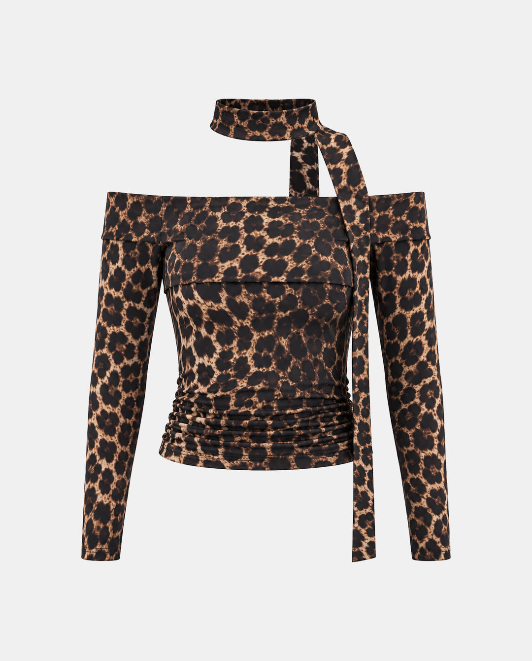 Leopard Off‑Shoulder Halter Tie Long Sleeve Crop Top