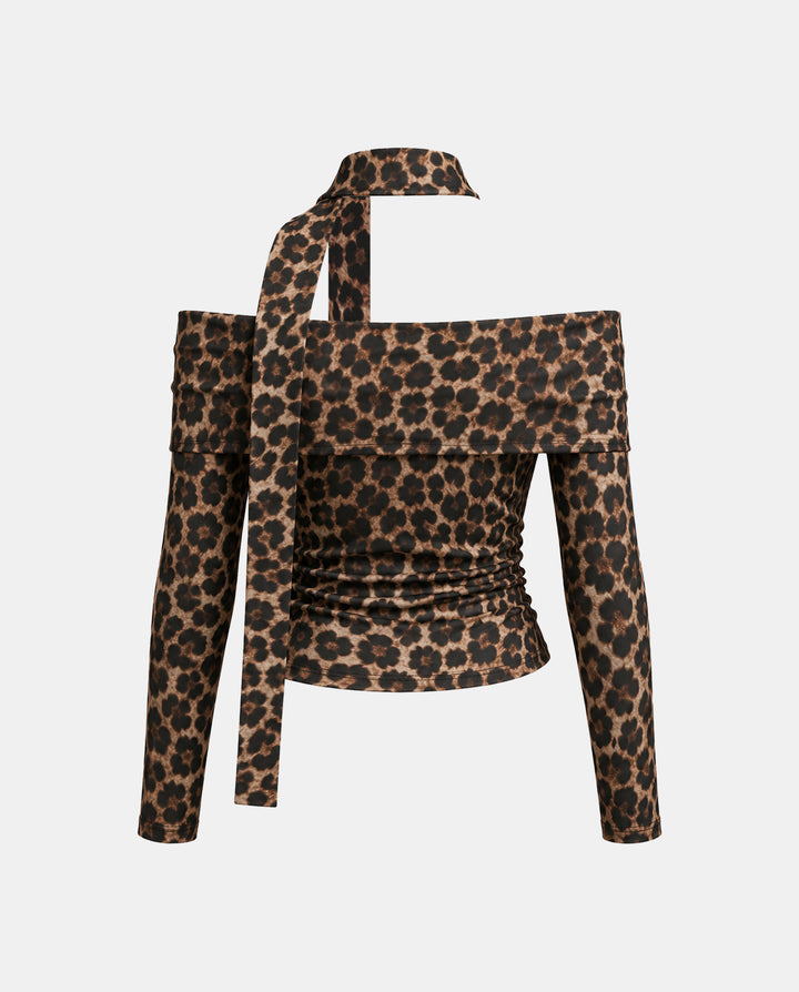 Leopard Off‑Shoulder Halter Tie Long Sleeve Crop Top