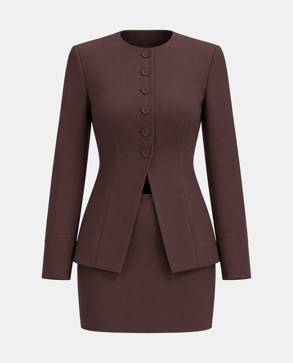 SOLACECrew Neck Button Front Long Sleeve Blazer Skirt Set