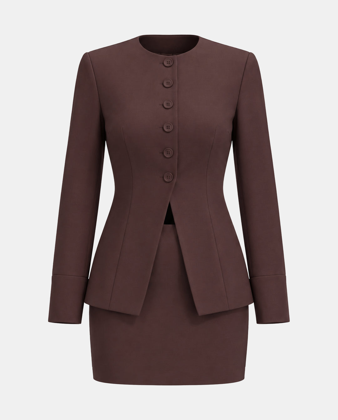 SOLACECrew Neck Button Front Long Sleeve Blazer Skirt Set
