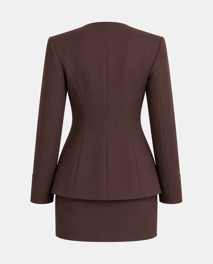 SOLACECrew Neck Button Front Long Sleeve Blazer Skirt Set