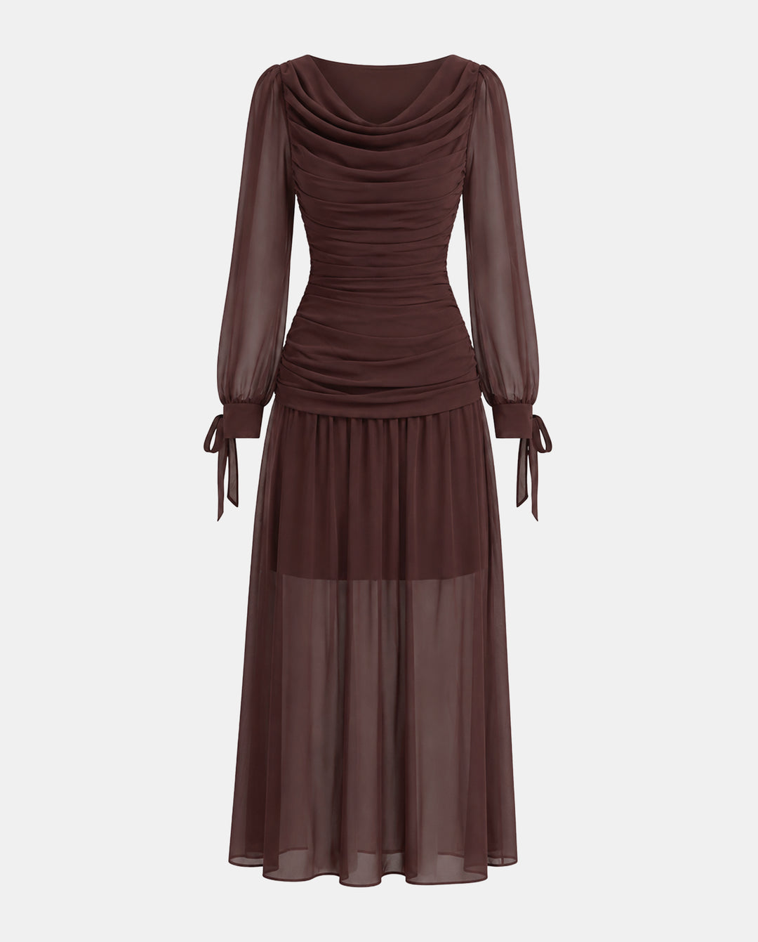 Brown Cowl Neck Tie‑Cuff Chiffon Maxi Dress