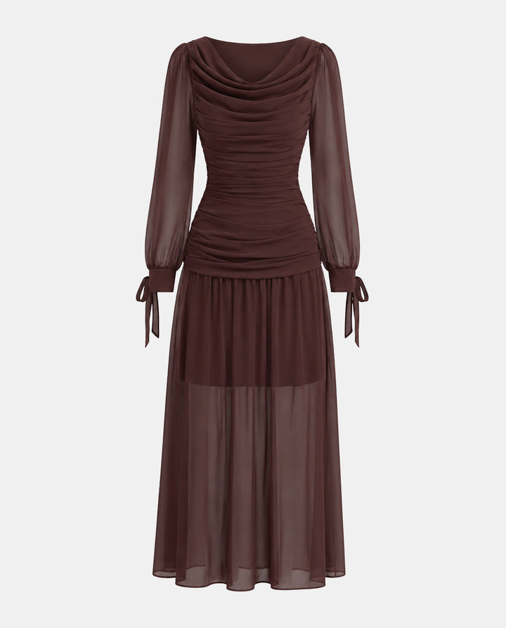 Brown Cowl Neck Tie‑Cuff Chiffon Maxi Dress