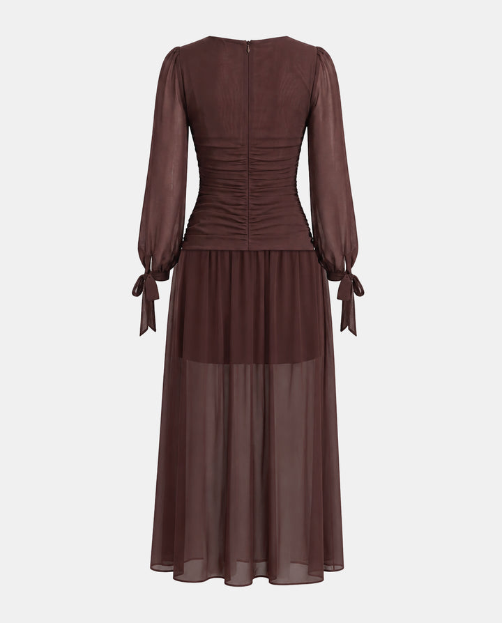 Brown Cowl Neck Tie‑Cuff Chiffon Maxi Dress
