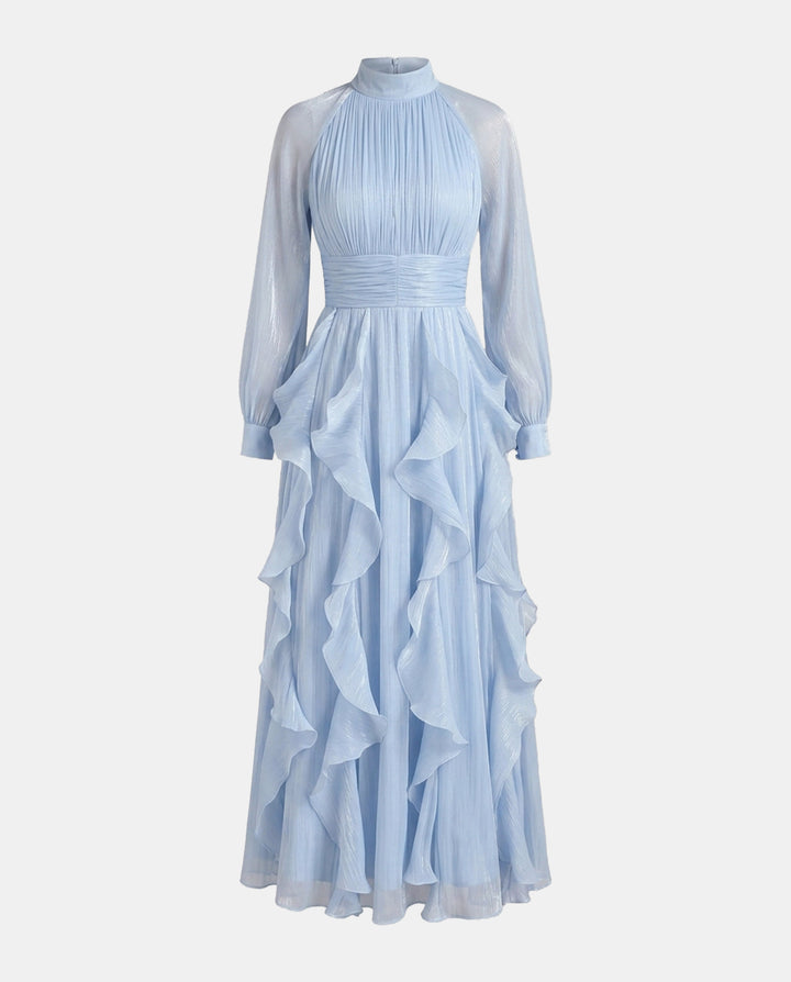 Elegant Ruffled High Neck Long Sleeve Maxi Evening Dress
