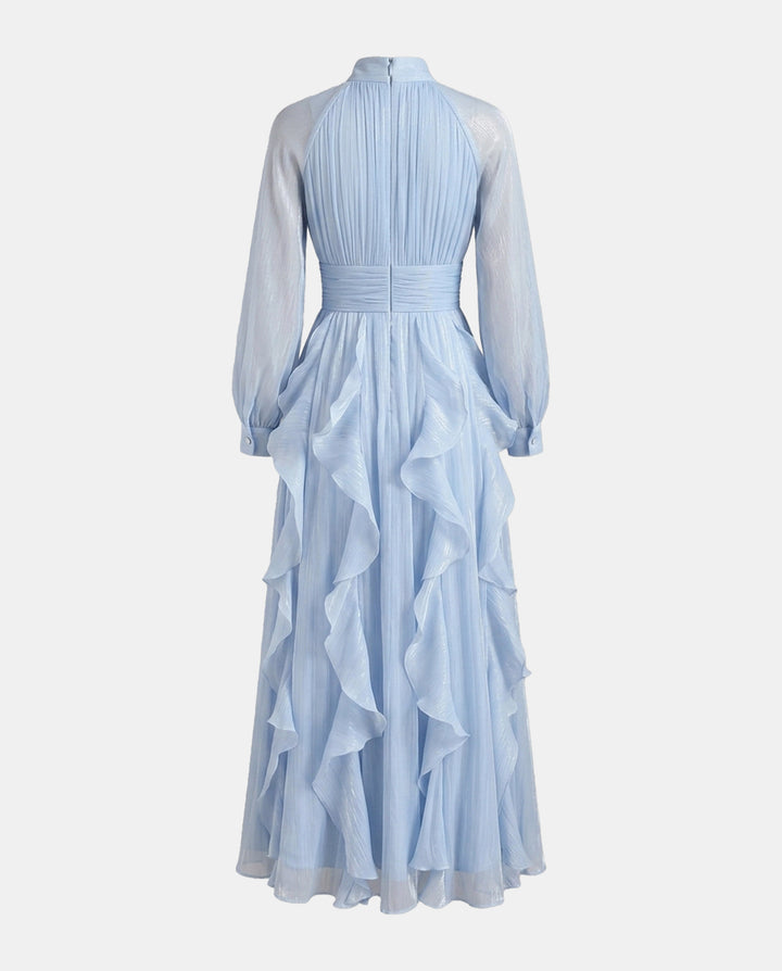 Elegant Ruffled High Neck Long Sleeve Maxi Evening Dress