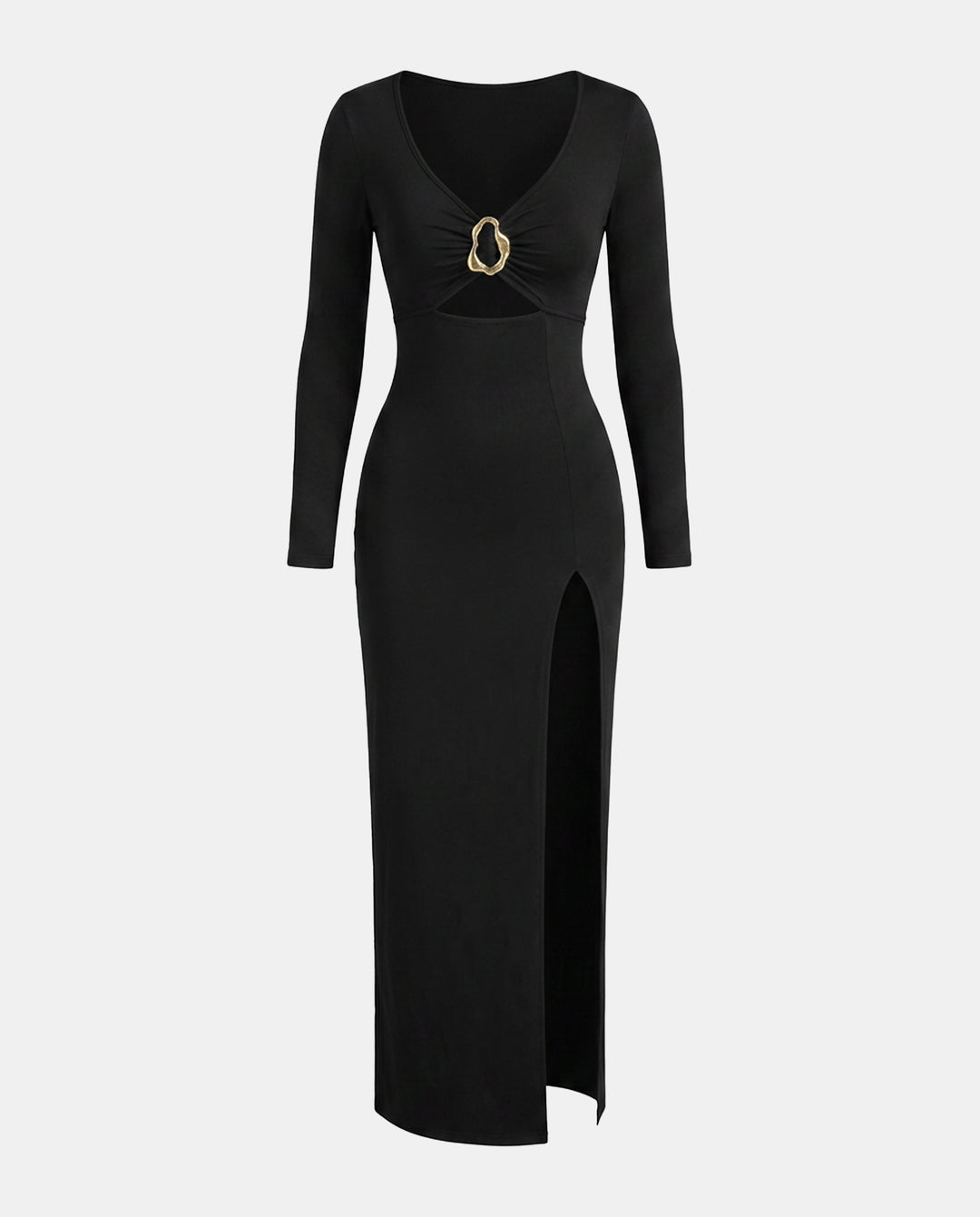 Black Metal Ring Cut‑Out High Slit Bodycon Maxi Dress