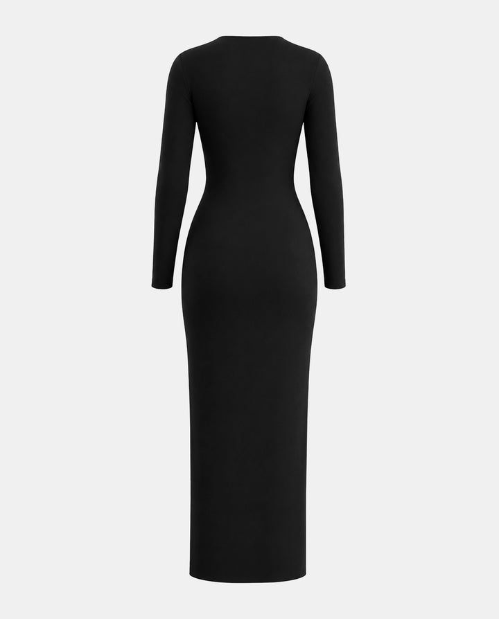 Black Metal Ring Cut‑Out High Slit Bodycon Maxi Dress