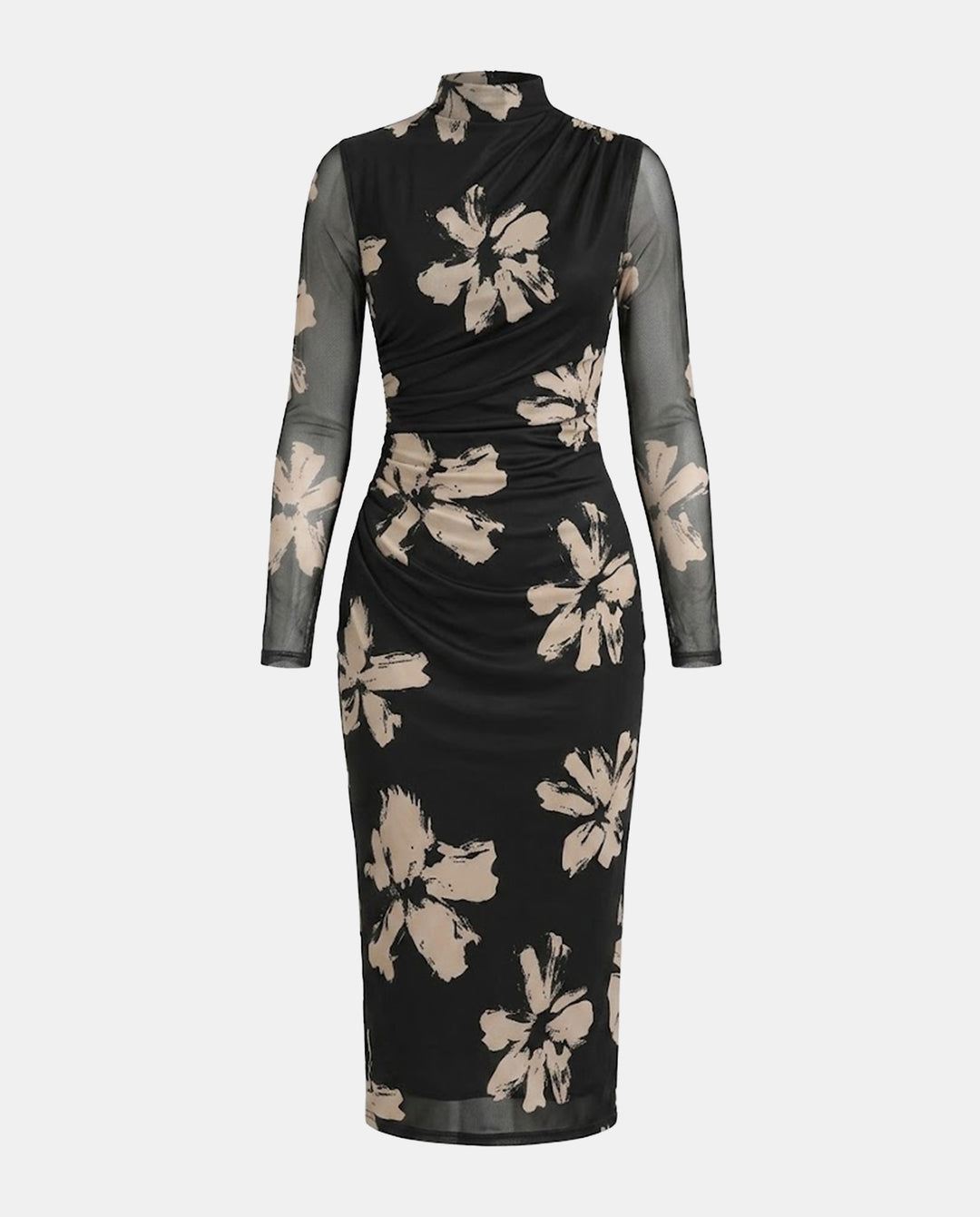 Black Floral Print Sheer Mesh Sleeve Bodycon Midi Dress