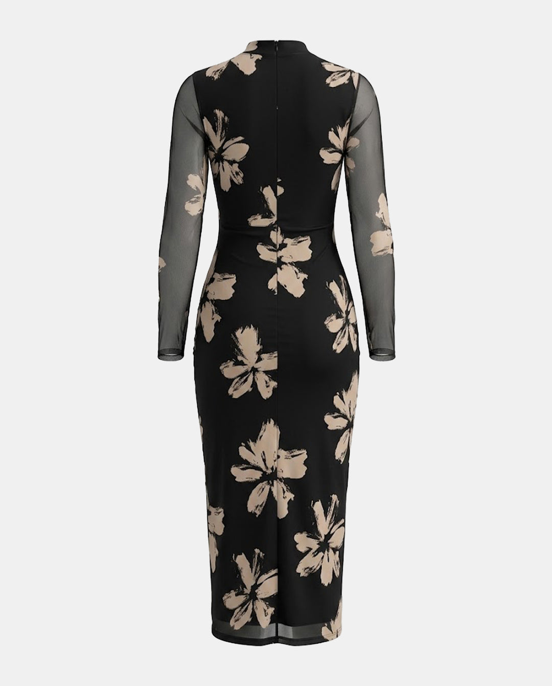 Black Floral Print Sheer Mesh Sleeve Bodycon Midi Dress
