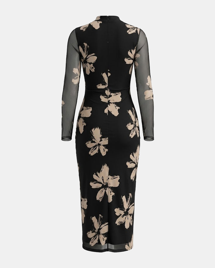 Black Floral Print Sheer Mesh Sleeve Bodycon Midi Dress