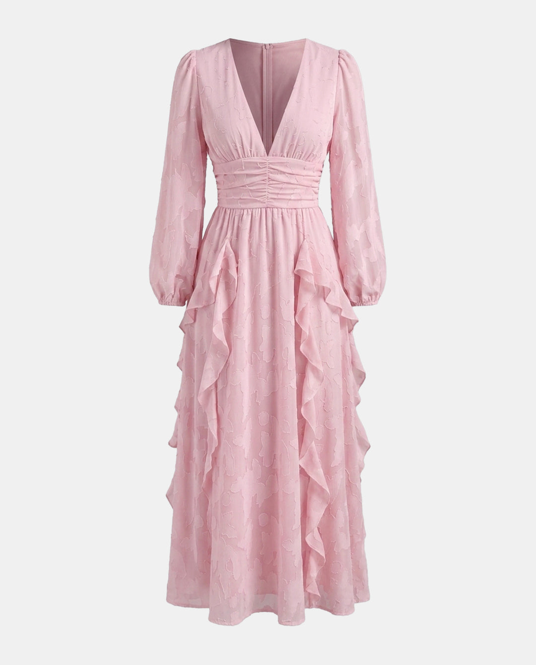 V‑Neck Ruffled Jacquard Long Sleeve Maxi Dress
