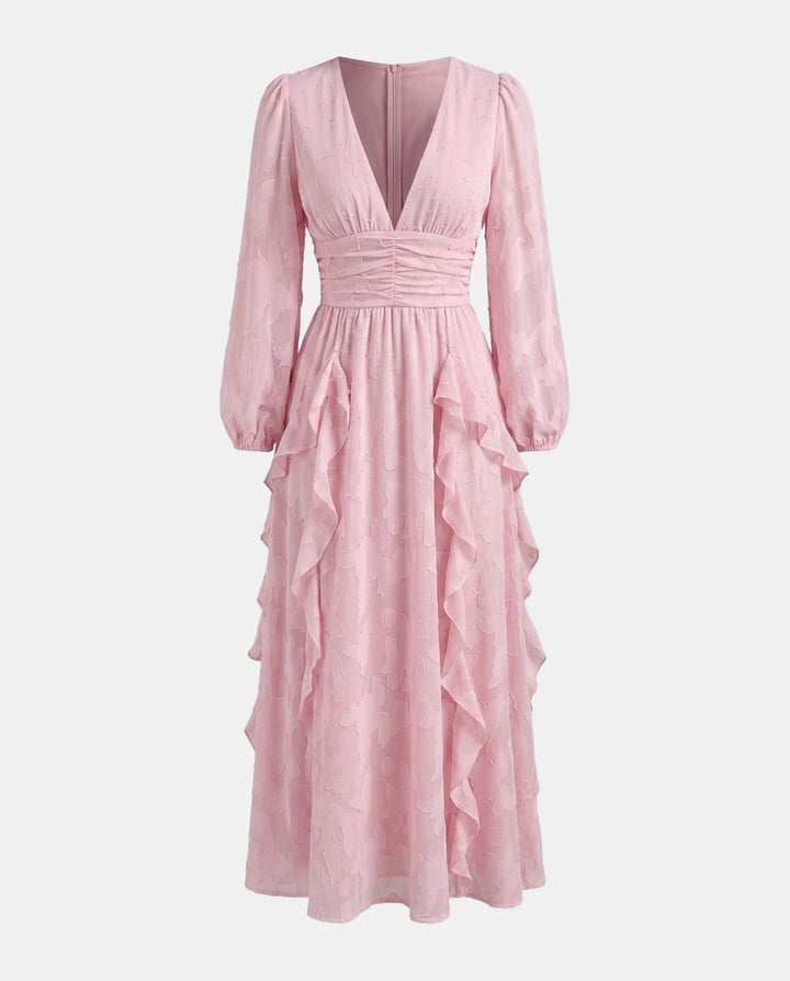 V‑Neck Ruffled Jacquard Long Sleeve Maxi Dress