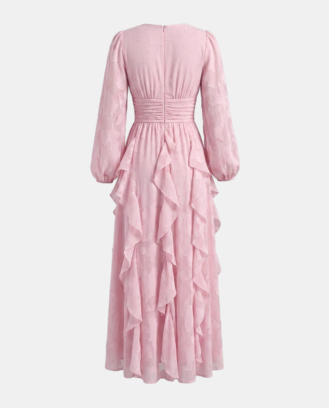 V‑Neck Ruffled Jacquard Long Sleeve Maxi Dress