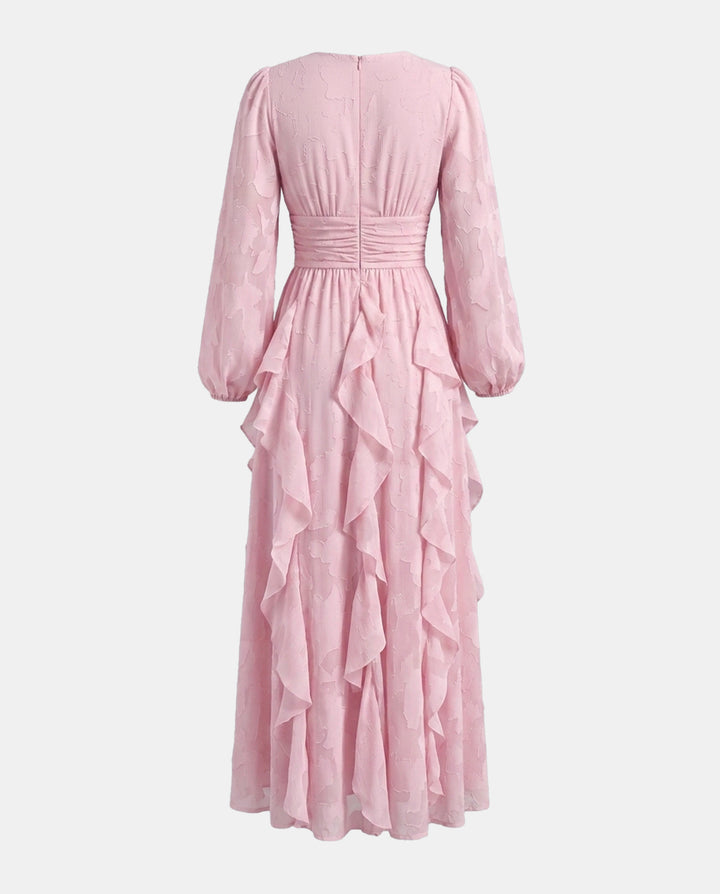 V‑Neck Ruffled Jacquard Long Sleeve Maxi Dress