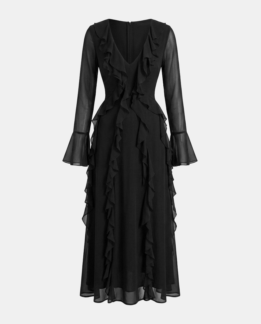 Romantic Ruffle Trim Sheer Black Chiffon Formal Maxi Dress