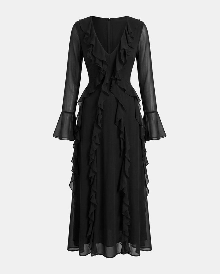 Romantic Ruffle Trim Sheer Black Chiffon Formal Maxi Dress