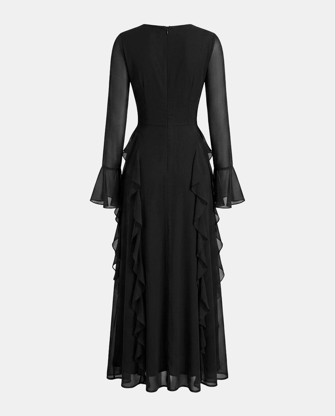 Romantic Ruffle Trim Sheer Black Chiffon Formal Maxi Dress
