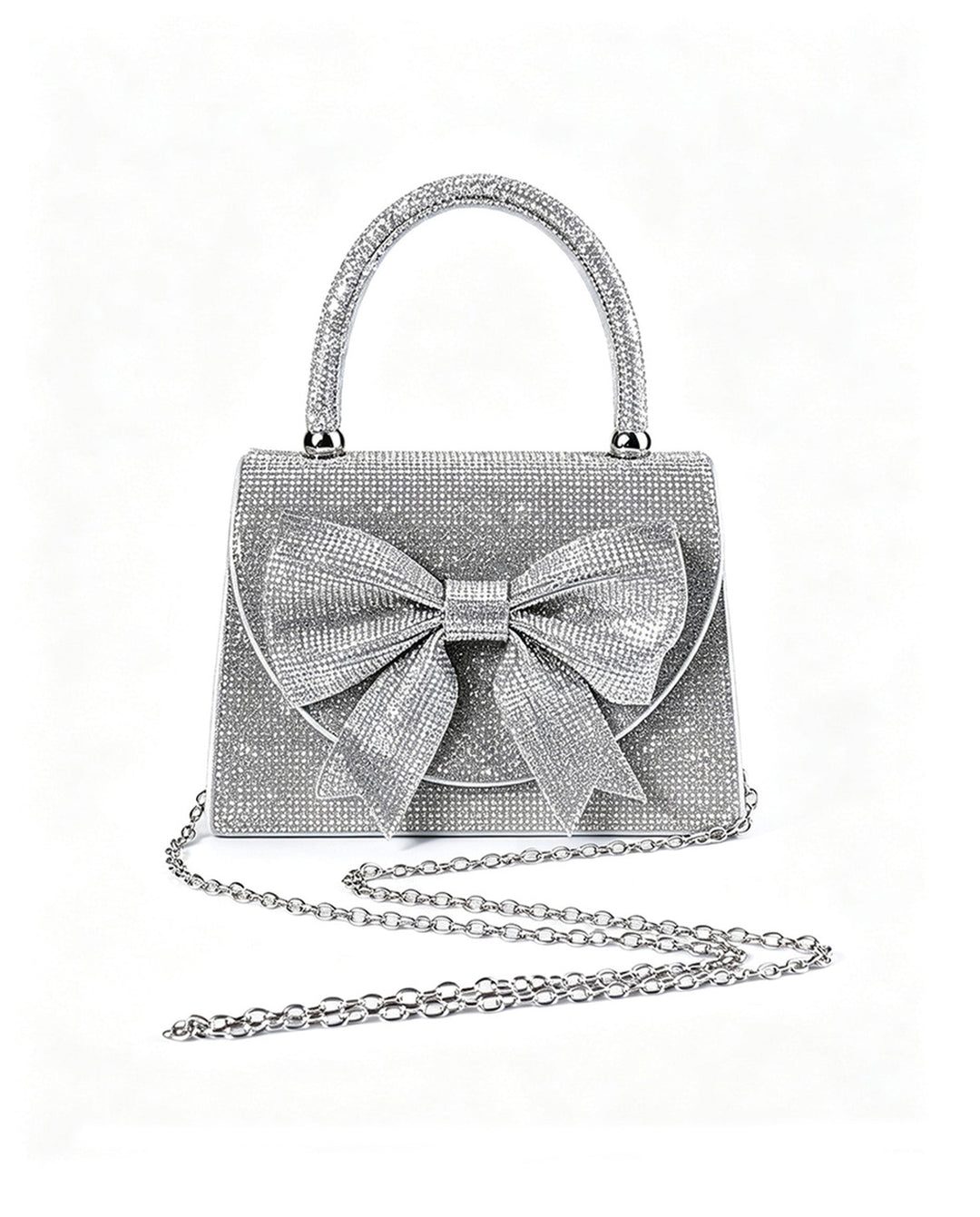 SOLACESilver Full Rhinestone Bow Top Handle Silver Chain Crossbody Mini Flap Handbag