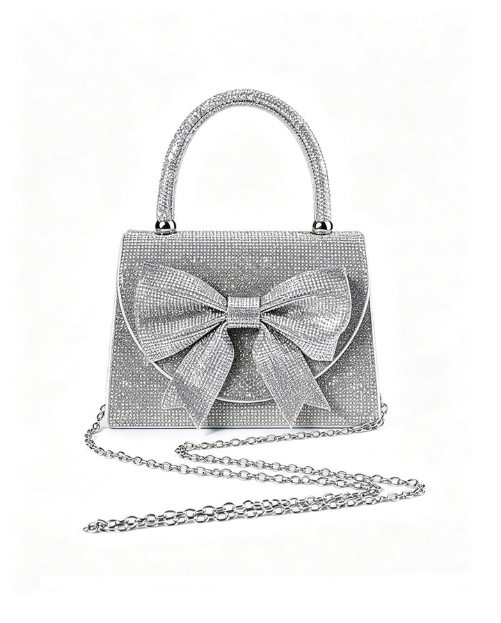 SOLACESilver Full Rhinestone Bow Top Handle Silver Chain Crossbody Mini Flap Handbag