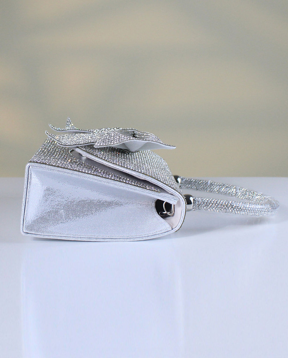 SOLACESilver Full Rhinestone Bow Top Handle Silver Chain Crossbody Mini Flap Handbag