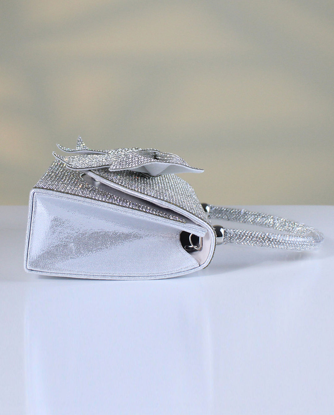 SOLACESilver Full Rhinestone Bow Top Handle Silver Chain Crossbody Mini Flap Handbag