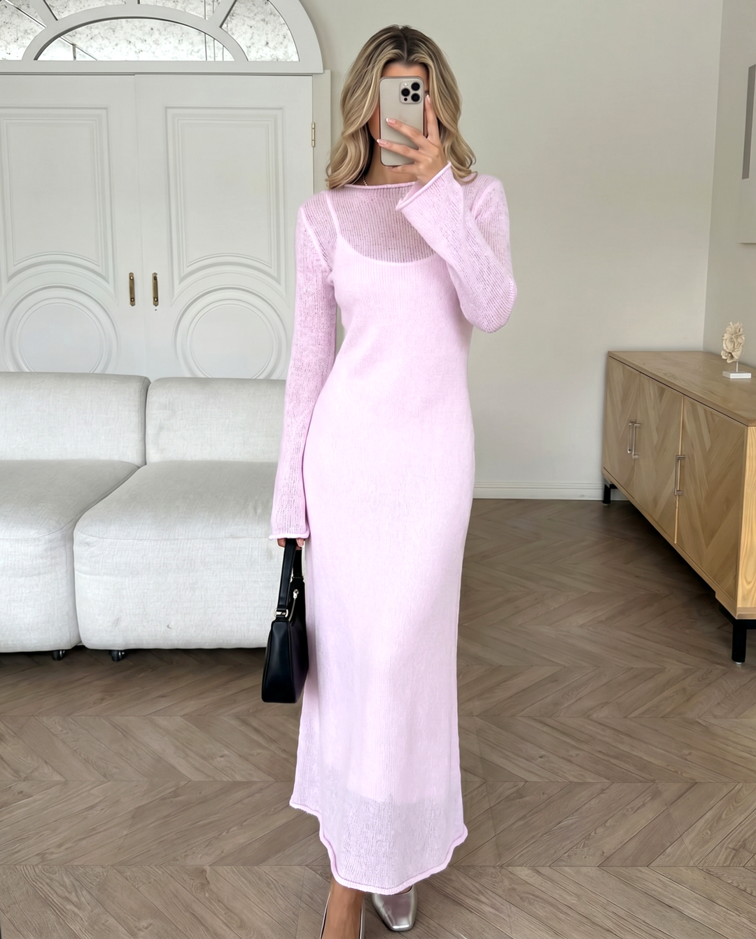 SOLACESoft Pink Sheer Flare Sleeve Knit Cover Up Ribbed Cami Maxi Dress