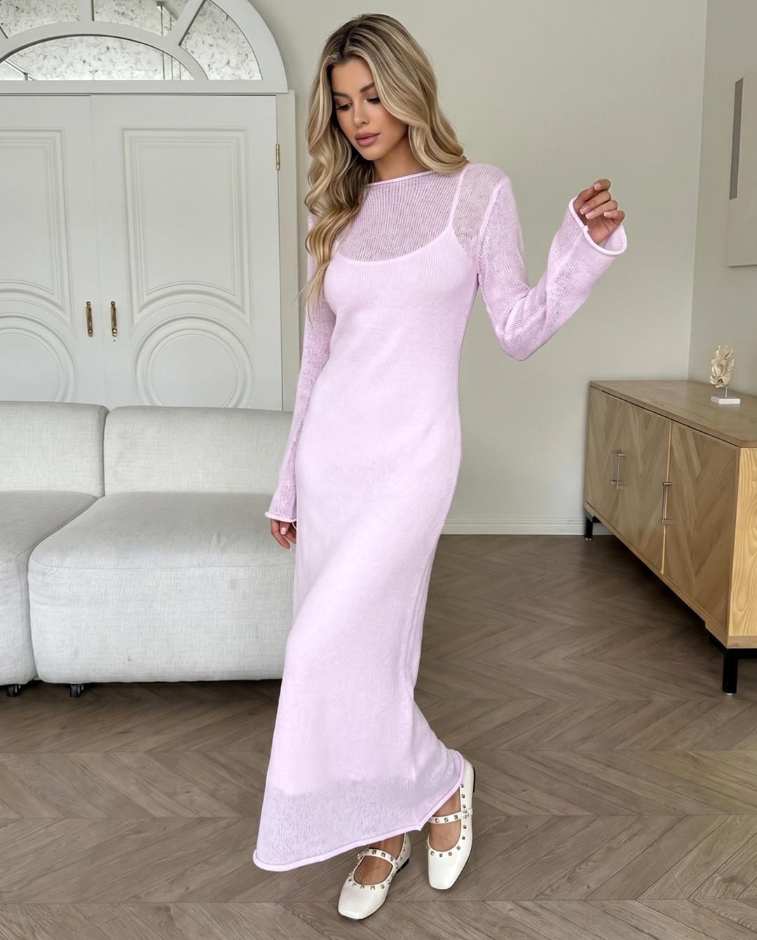 SOLACESoft Pink Sheer Flare Sleeve Knit Cover Up Ribbed Cami Maxi Dress