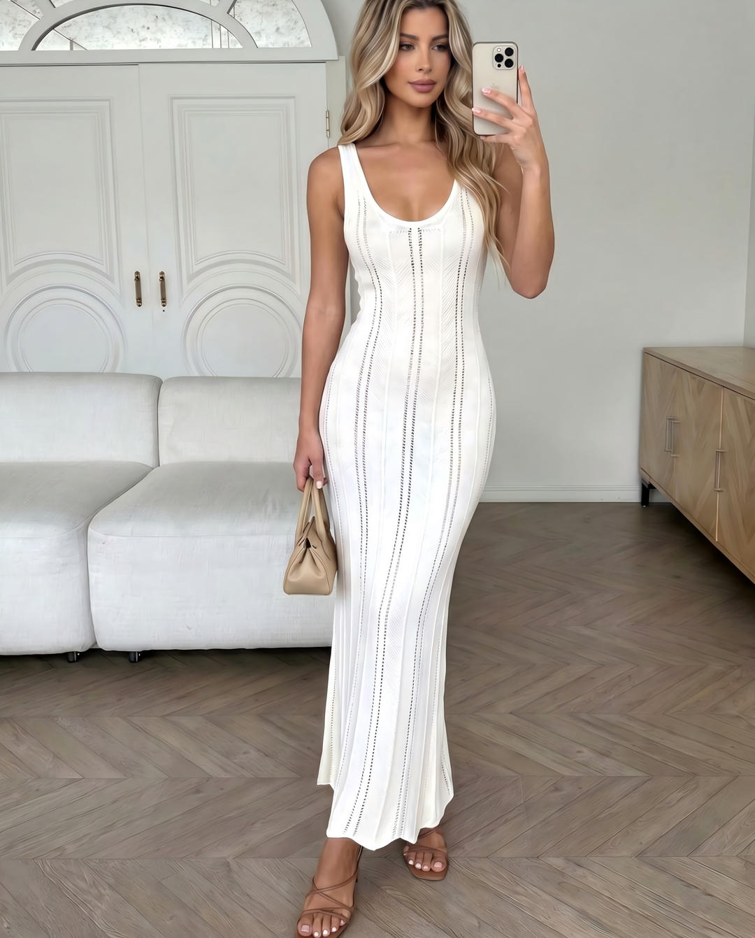 SOLACESolid Color Hollow Out Sleeveless Knitted Maxi Dress