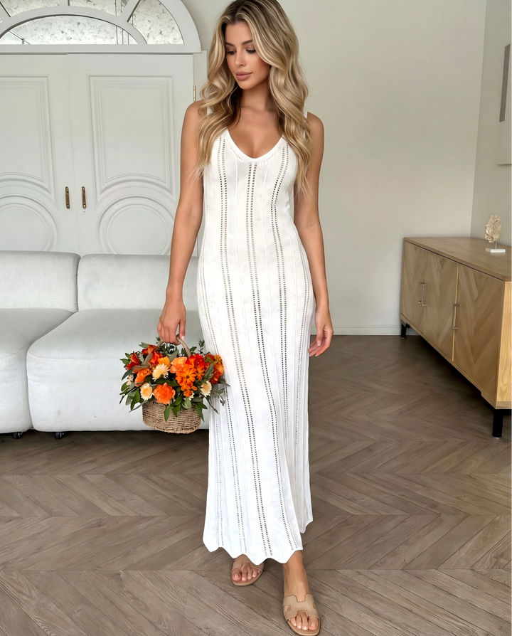 SOLACESolid Color Hollow Out Sleeveless Knitted Maxi Dress