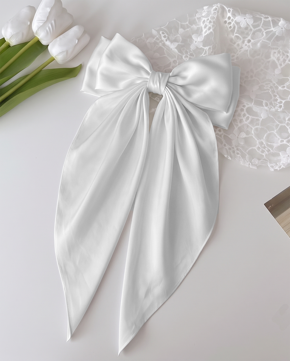 SOLACESolid Satin Large Bow Long Streamer Hair Clip