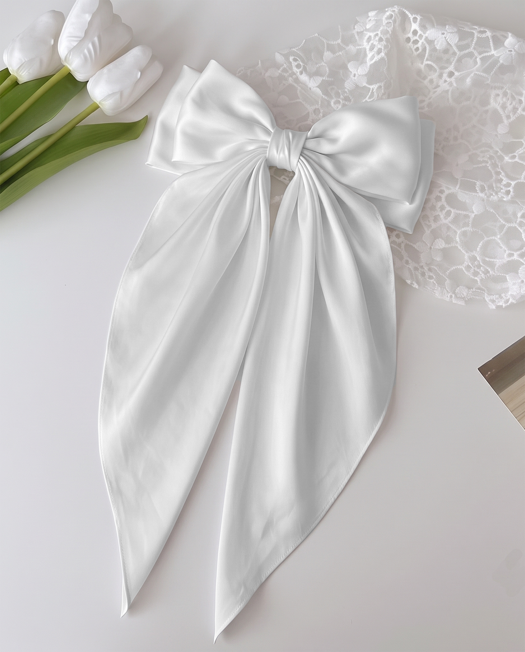 SOLACESolid Satin Large Bow Long Streamer Hair Clip