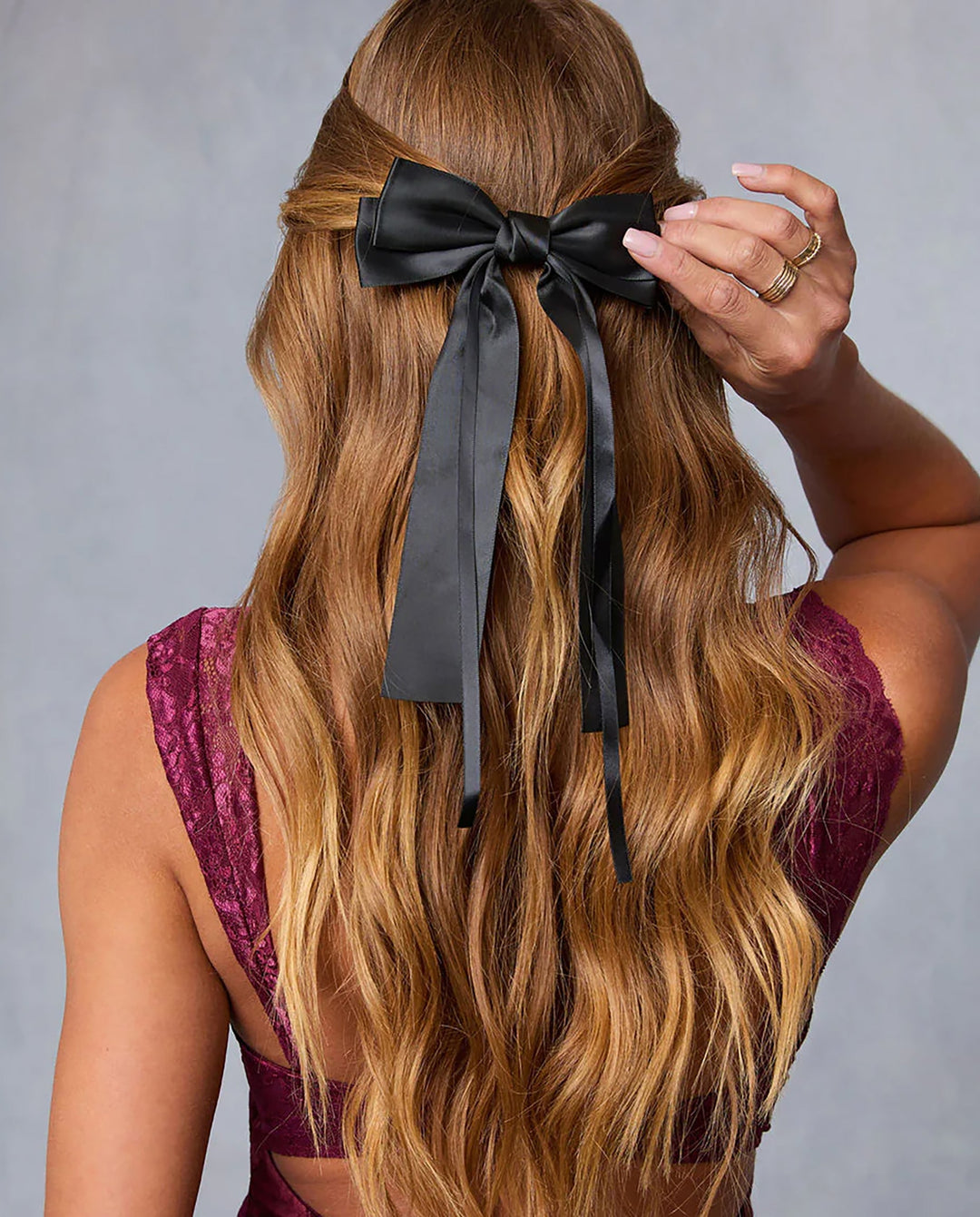 SOLACESolid Satin Long Streamer Big Bow Hair Clip