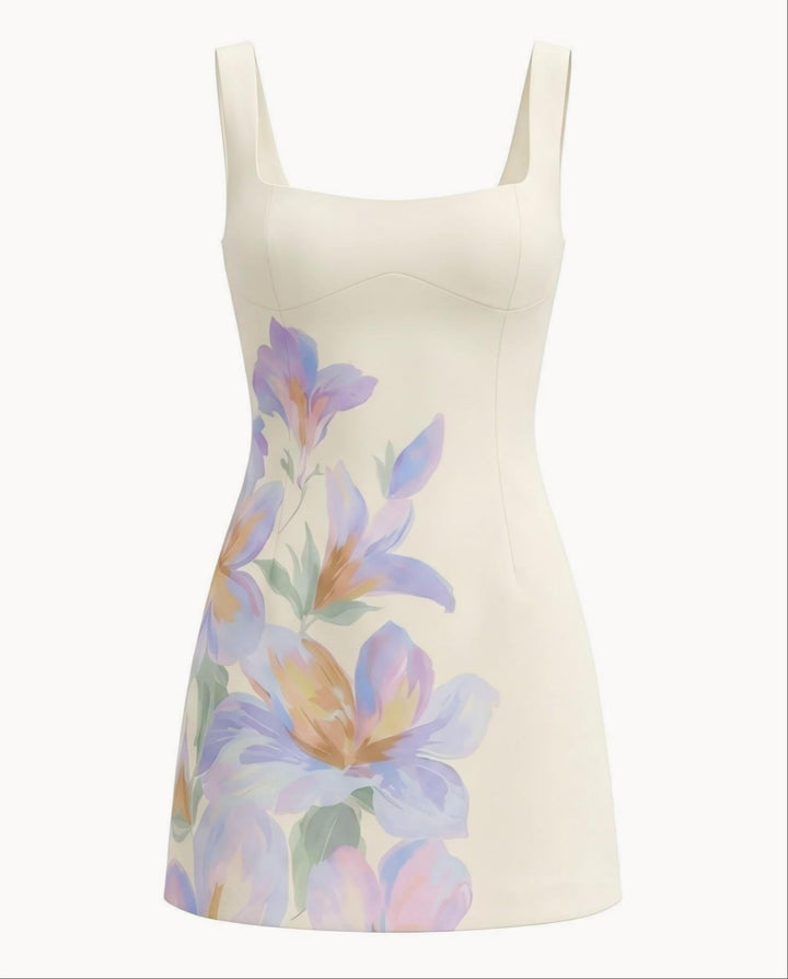 SOLACESquare Neck Sleeveless Watercolor Floral Print Mini Dress