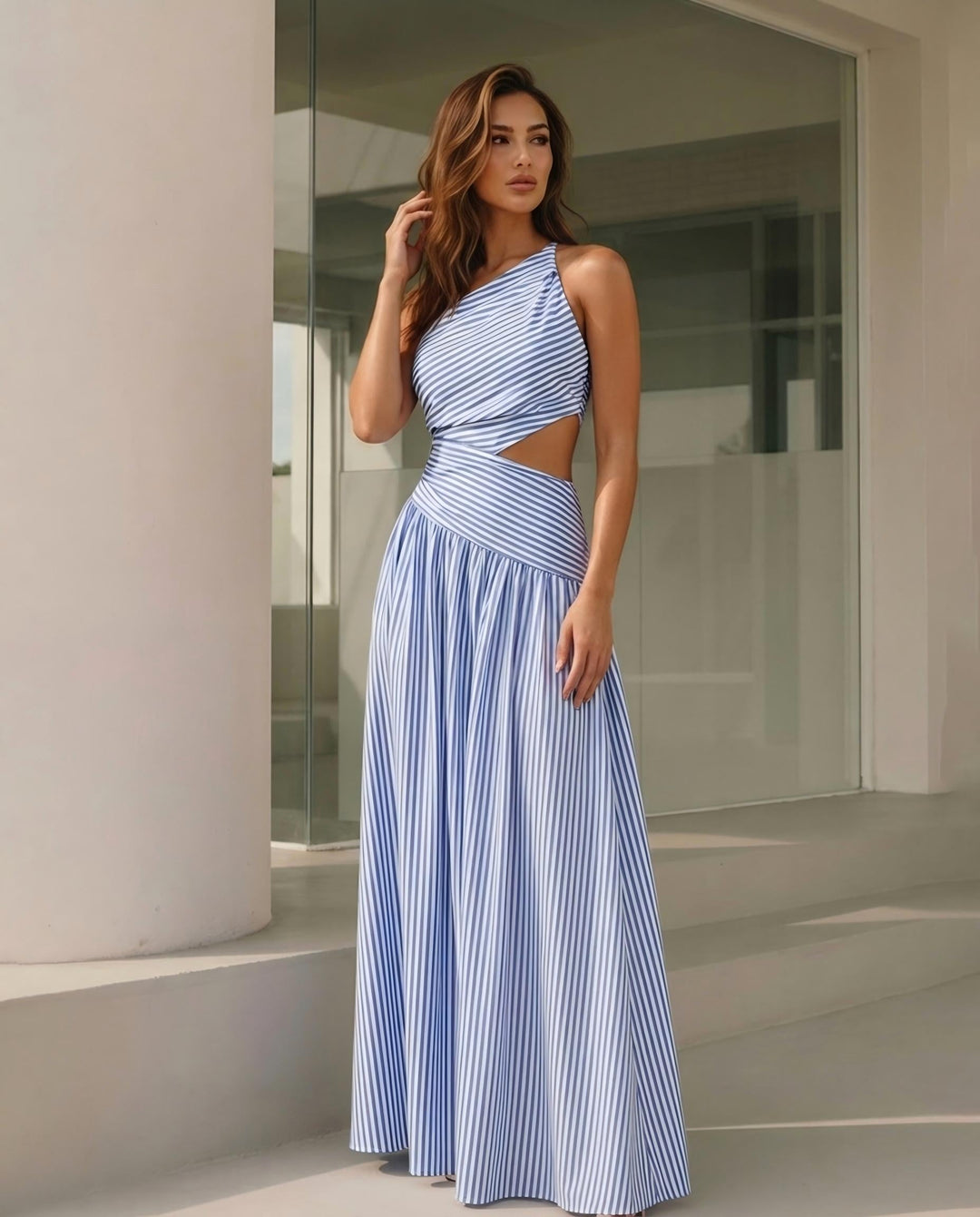 SOLACEStriped One Shoulder Cutout Lace Up Maxi Dress