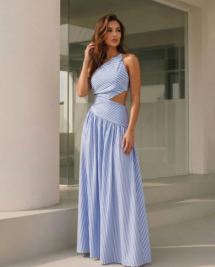 SOLACEStriped One Shoulder Cutout Lace Up Maxi Dress