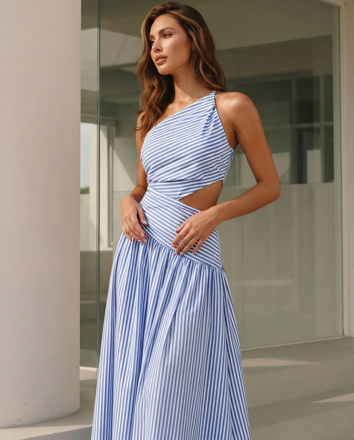 SOLACEStriped One Shoulder Cutout Lace Up Maxi Dress