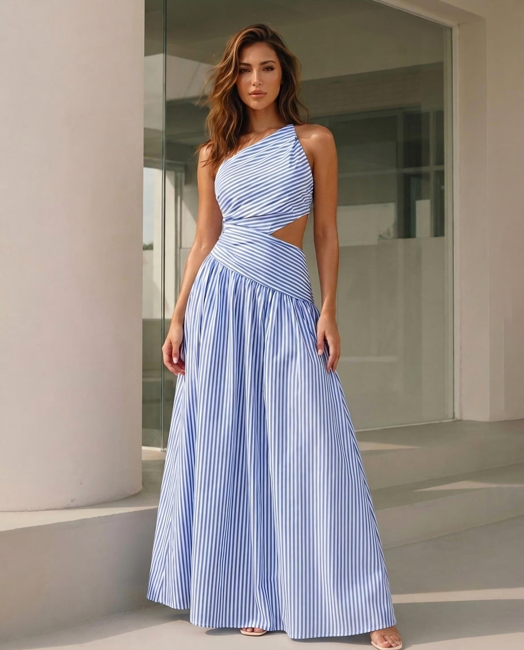 SOLACEStriped One Shoulder Cutout Lace Up Maxi Dress