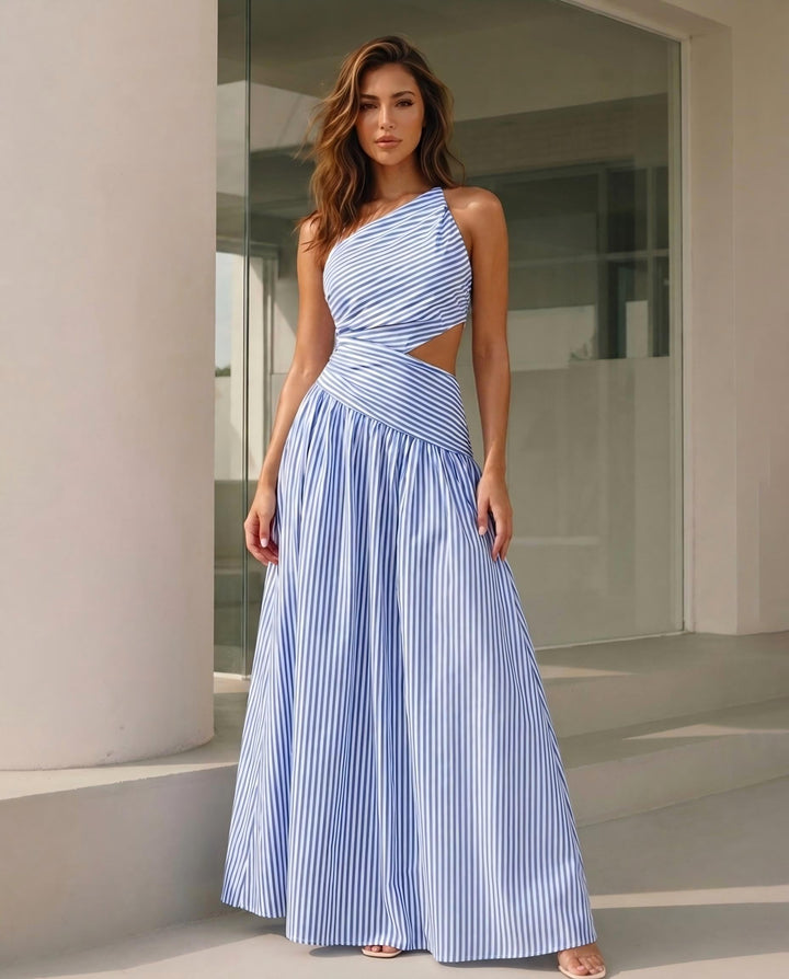 SOLACEStriped One Shoulder Cutout Lace Up Maxi Dress