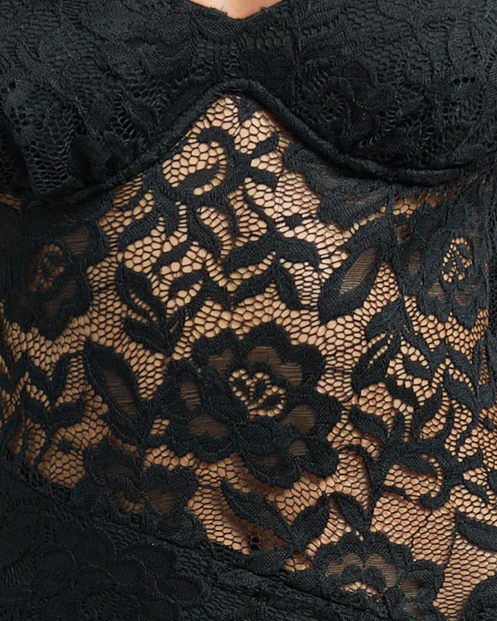 SOLACE  Black Lace V Neck Ruched High Slit Bodycon Maxi Dress 