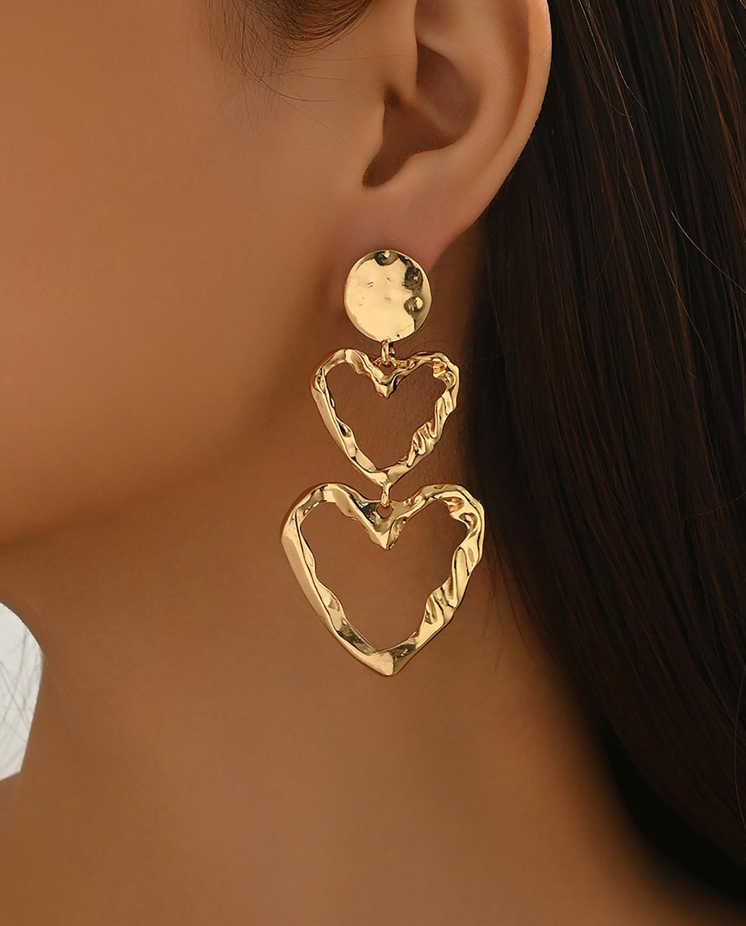 SOLACETextured Double Layer Hollow Heart Gold Drop Earrings