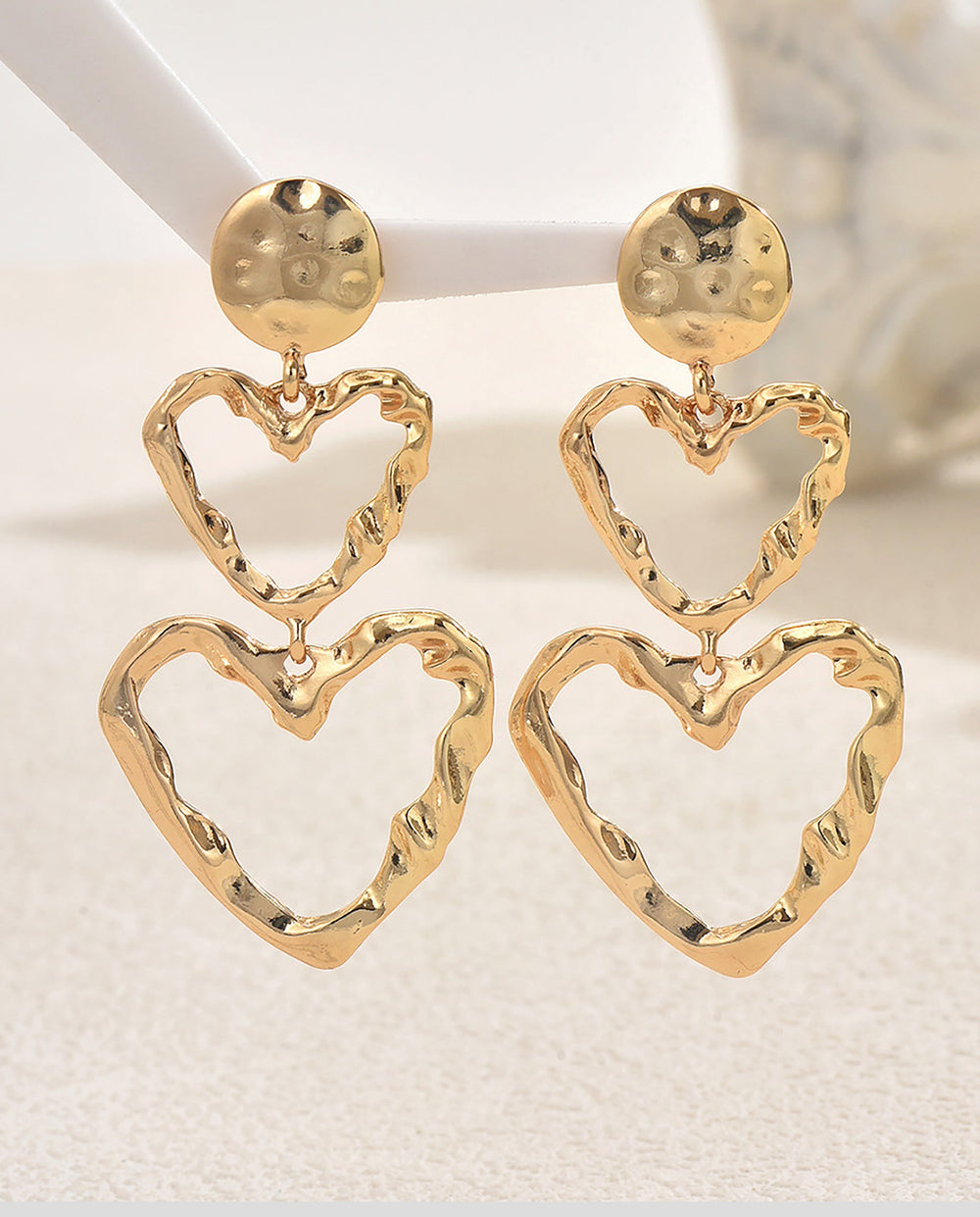 SOLACETextured Double Layer Hollow Heart Gold Drop Earrings