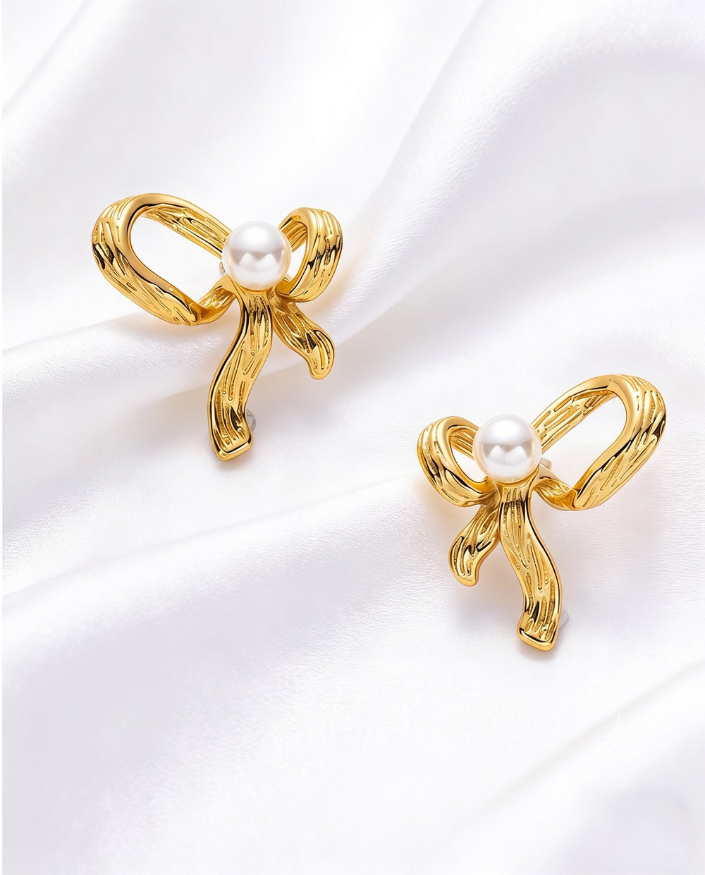 SOLACETextured Gold Bow White Faux Pearl Stud Earrings