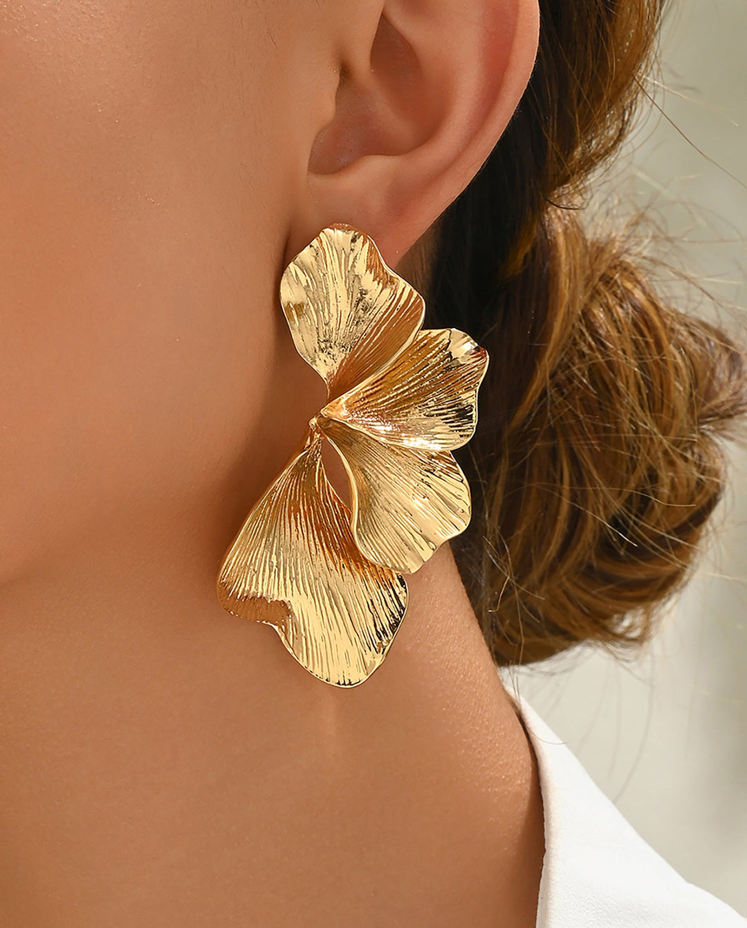 SOLACETextured Gold Ginkgo Leaf Statement Stud Earrings