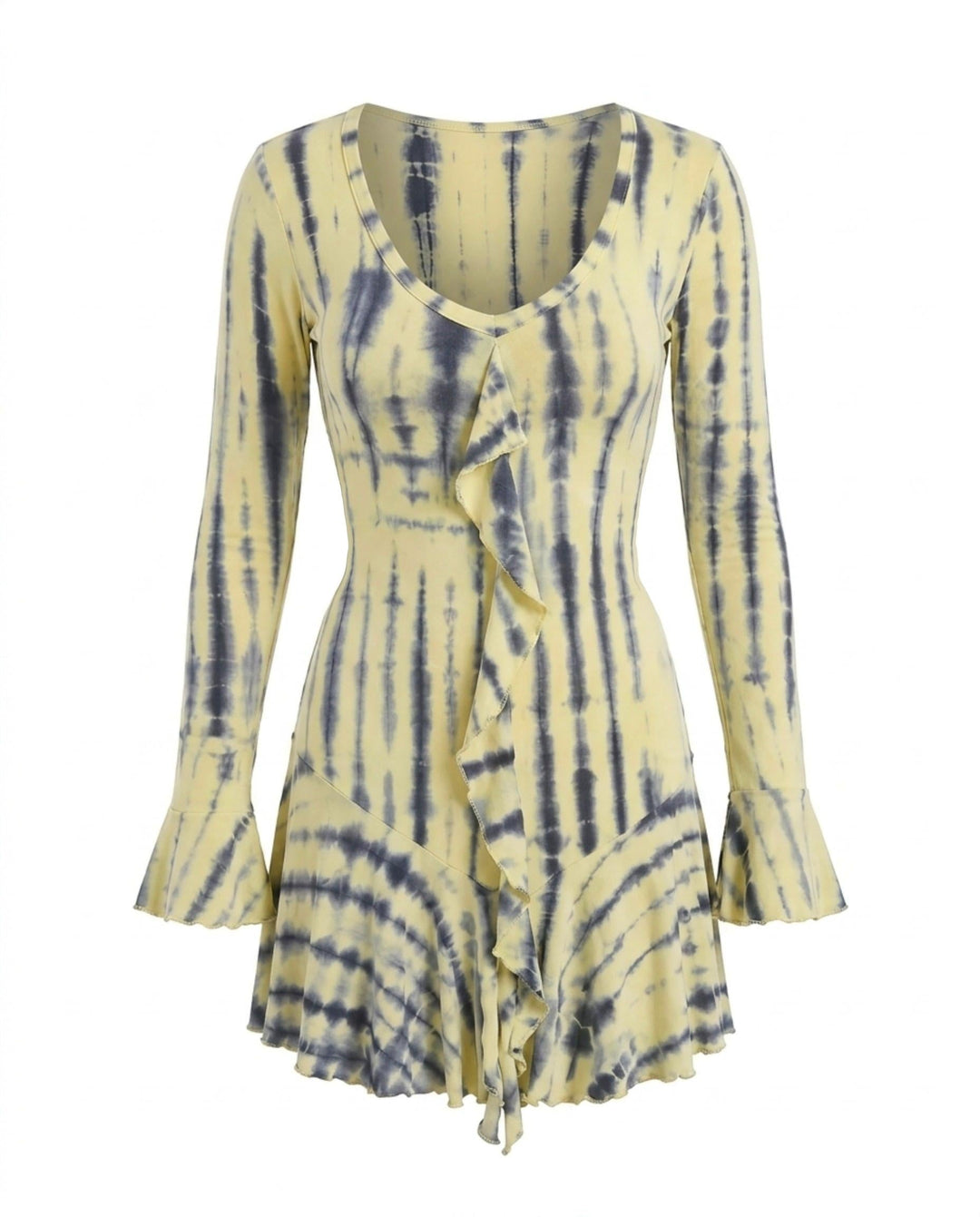 SOLACETie-Dye Long Sleeve Flounce Cuff Ruffle Hem Mini Dress