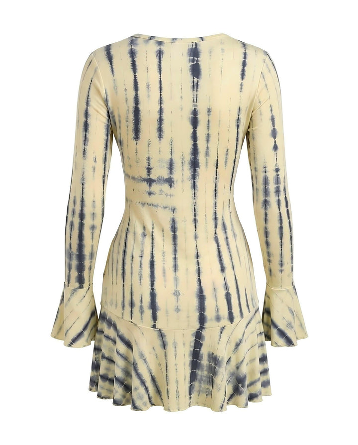 SOLACETie-Dye Long Sleeve Flounce Cuff Ruffle Hem Mini Dress