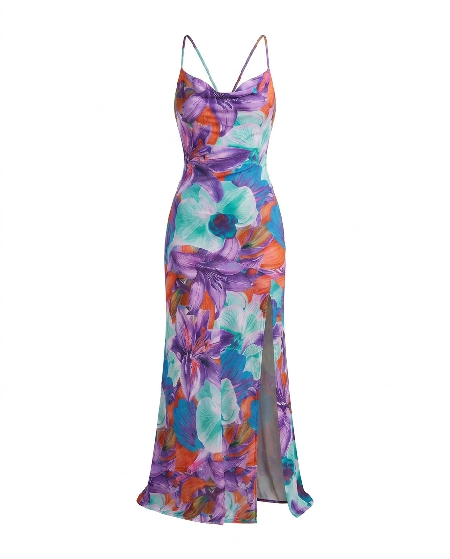 SOLACETropical Floral Print Cowl Neck Spaghetti Strap Maxi Dress