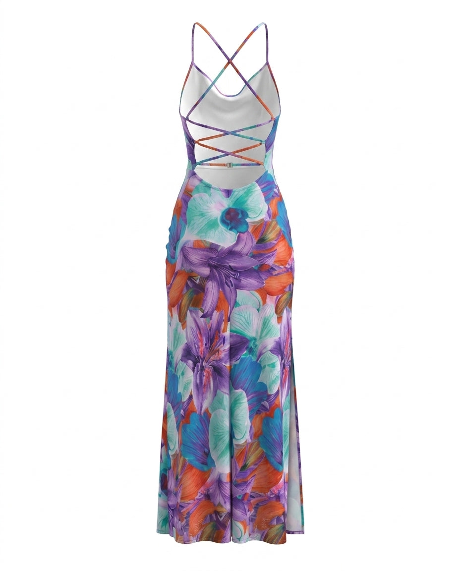SOLACETropical Floral Print Cowl Neck Spaghetti Strap Maxi Dress