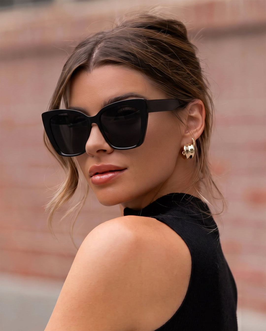 SOLACETwo Color Option Cat Eye Square Sunglasses Solid Black Lens Gradient Brown Lens
